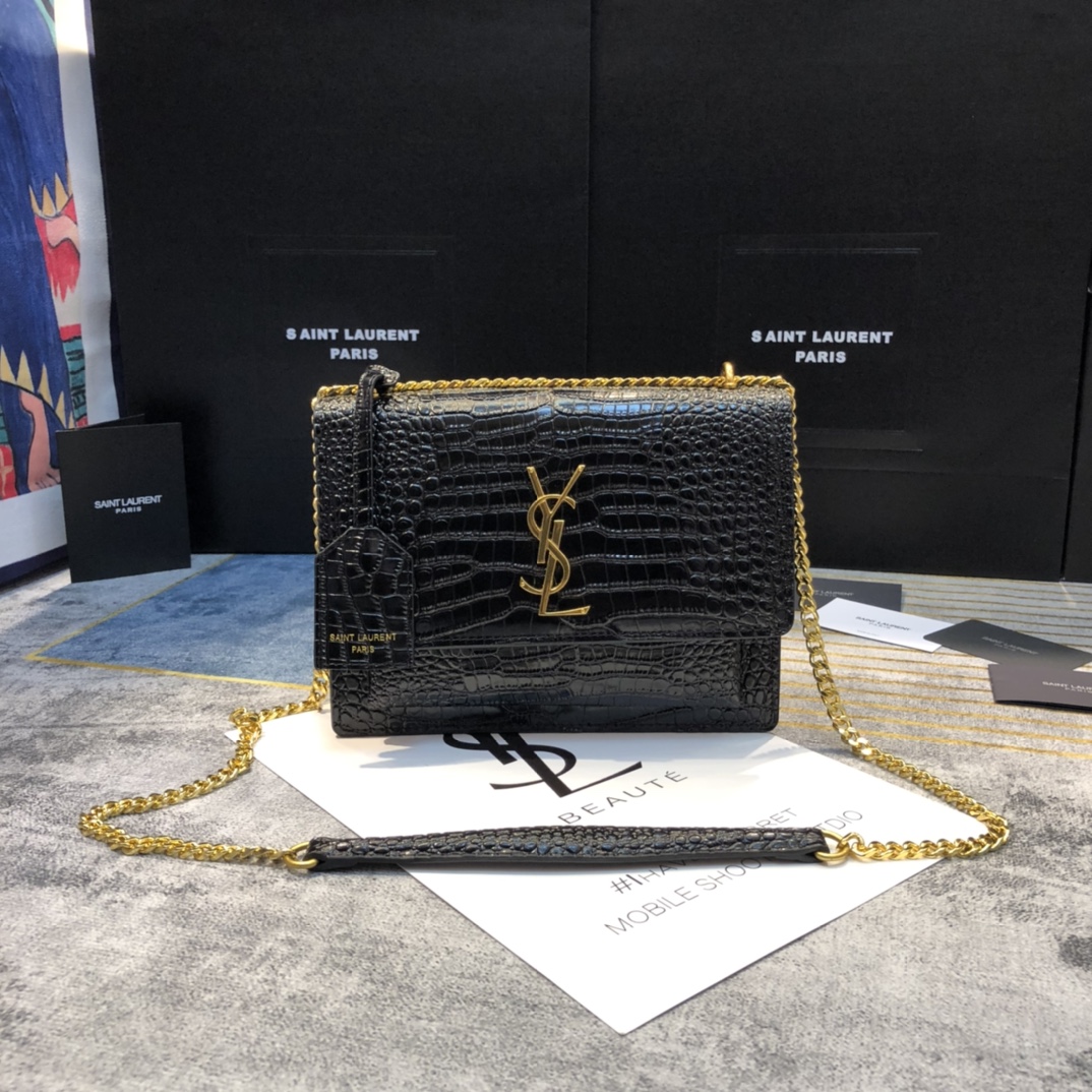 YSL 黑鱷魚紋金鍊條日落包 