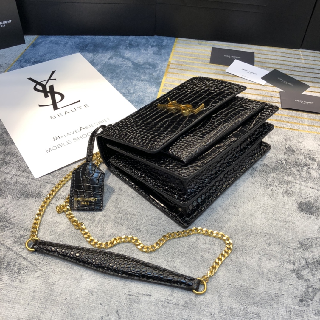 YSL 黑鱷魚紋金鍊條日落包 