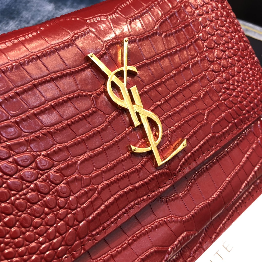 YSL 紅鱷魚紋金鍊條日落包